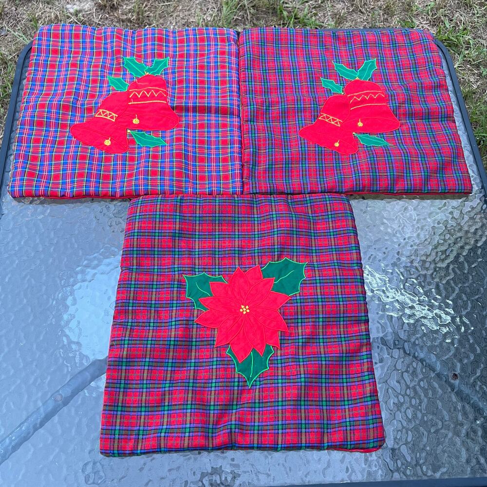 Lovely Festive Vintage Handmade Plaid Poinsettia & Holiday Bells Pillow Covers